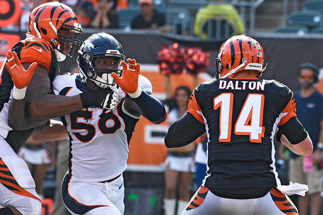 Attacking the offense’s right edge, Von Miller is in better position for a strip-sack and—perhaps more troublingly for an offense—is in the QB’s peripheral vision.